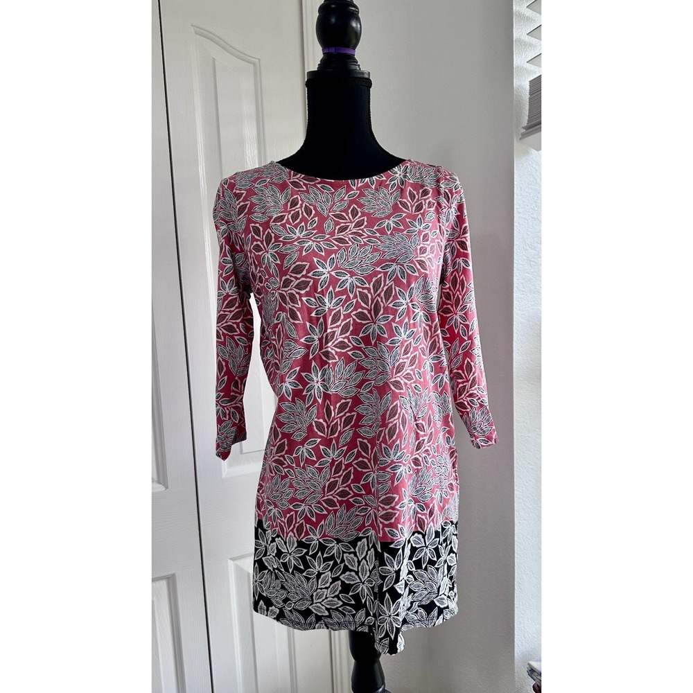 J Jill Top Womens Small Pink Leaf Floral 3/4 Sleeve Tunic Pullover Cotton Blend